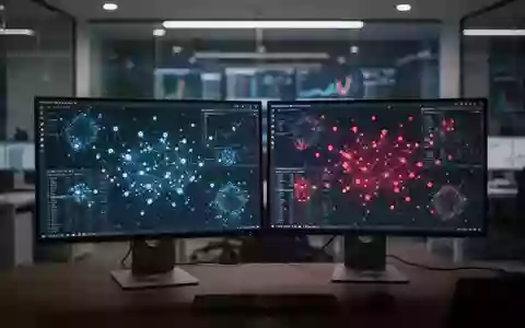 Zwei Monitore auf einem Schreibtisch zeigen abstrakte blaue und rote Datenvisualisierungen in einem modernen Büro. - Foto: über boerse-global.de