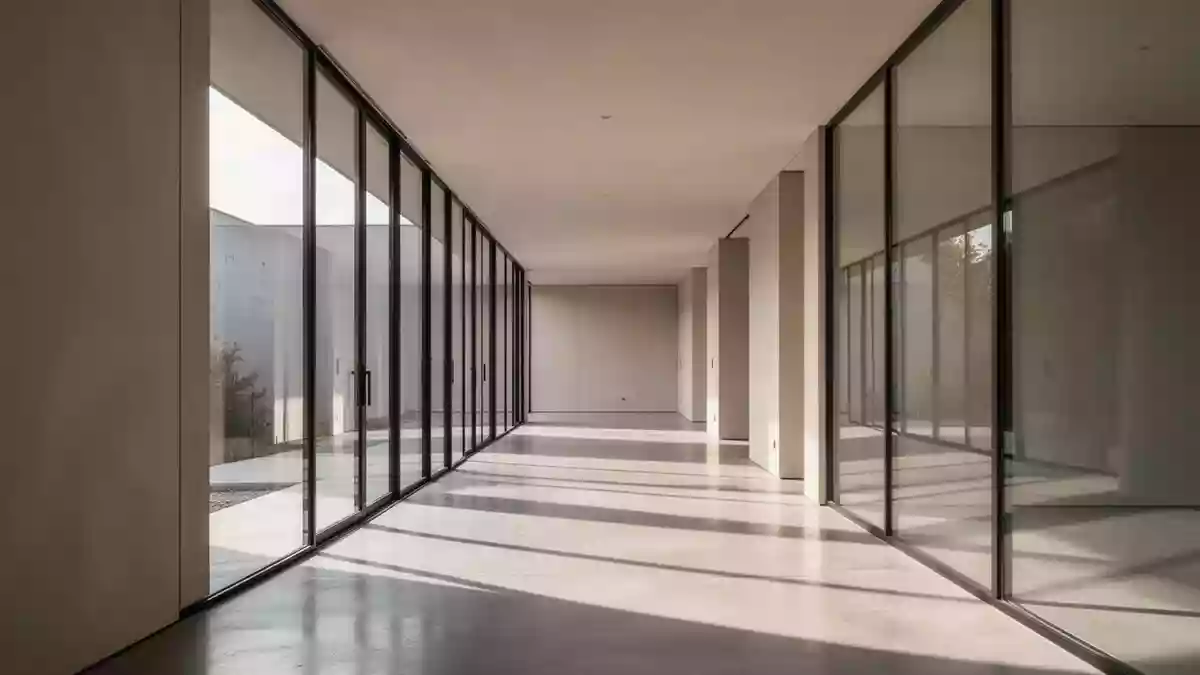 Ein minimalistischer, leerer Flur in einem modernen Bürogebäude mit viel Tageslicht und polierten Betonböden. Illustration mit AI erstellt.