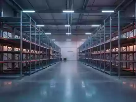 Ein leeres, modern beleuchtetes Logistikzentrum mit ordentlichen Regalen und Betonboden in einer ruhigen Abendstimmung. - Foto: über boerse-global.de