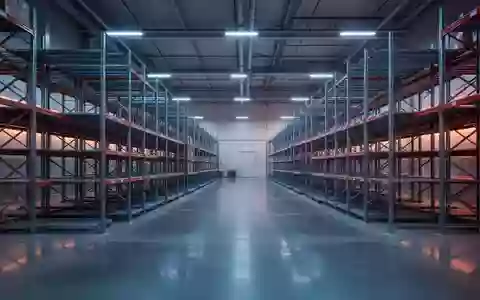Ein leeres, modern beleuchtetes Logistikzentrum mit ordentlichen Regalen und Betonboden in einer ruhigen Abendstimmung. - Foto: über boerse-global.de