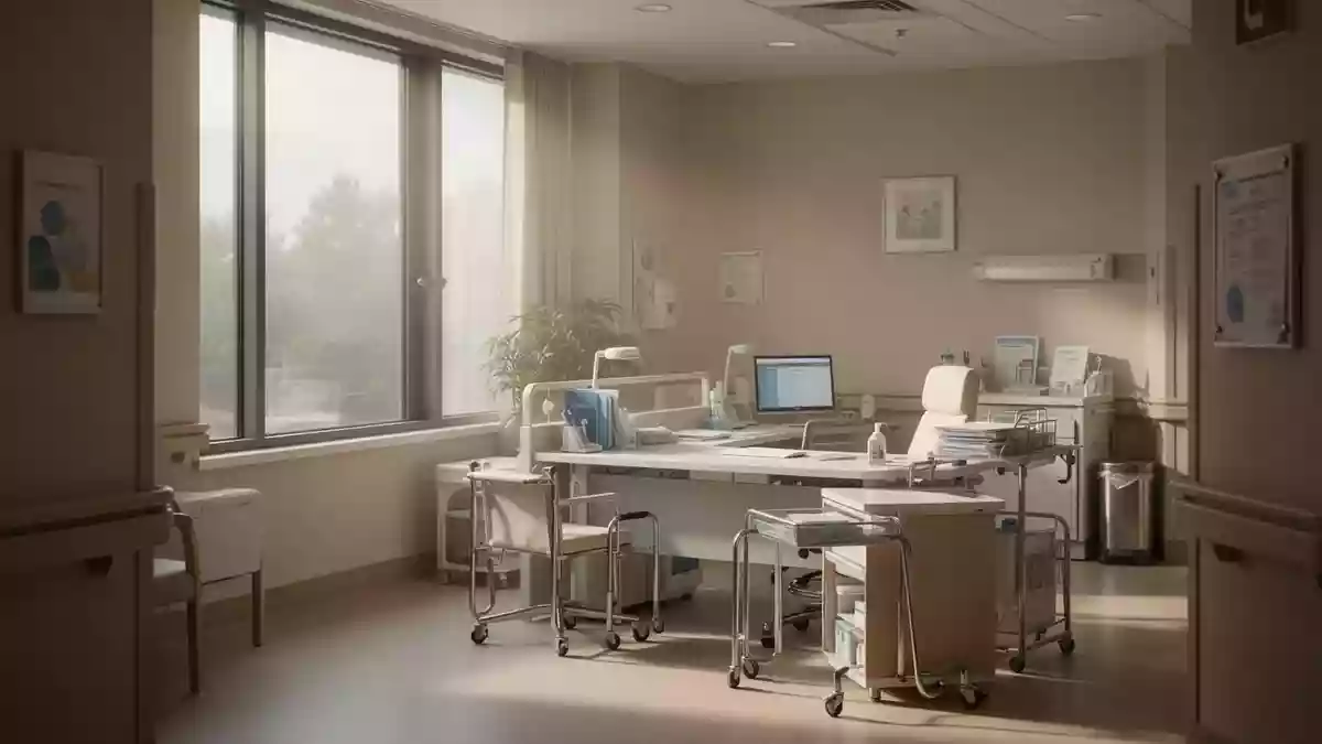 Ein heller, leerer Arbeitsplatz in einer Pflegeeinrichtung mit natürlichem Lichteinfall. Illustration mit AI erstellt.