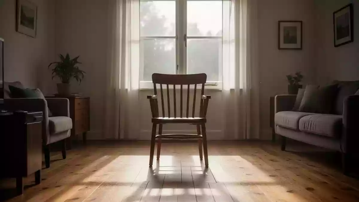 Ein heller, ruhiger Wohnbereich mit einem leeren Holzstuhl vor einem Fenster, der eine häusliche Umgebung symbolisiert. Illustration mit AI erstellt.