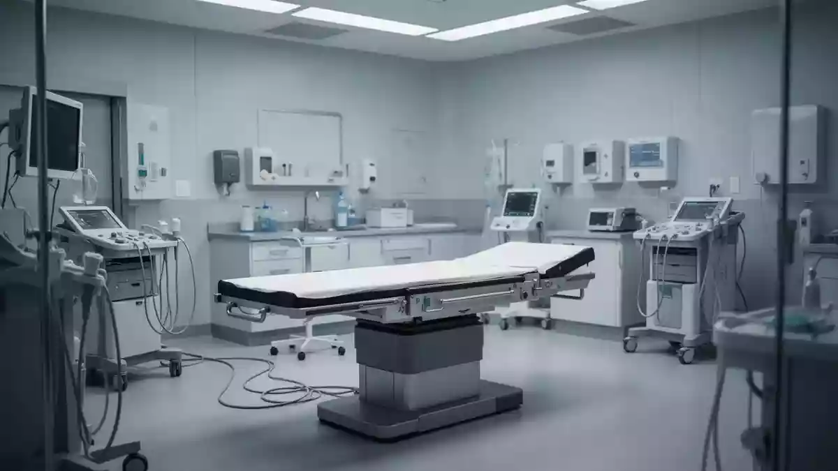 Ein klinischer Untersuchungsraum mit medizinischer Ausrüstung in steriler, ruhiger Atmosphäre. Illustration mit AI erstellt.