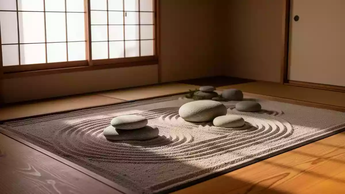 Ein minimalistischer Zen-Garten mit geharktem Sand und glatten Flusskieselsteinen in einer ruhigen, meditativen Umgebung. Illustration mit AI erstellt.