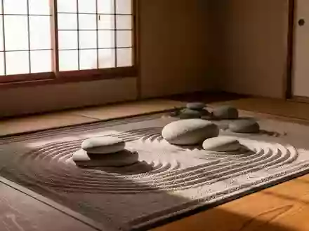 Ein minimalistischer Zen-Garten mit geharktem Sand und glatten Flusskieselsteinen in einer ruhigen, meditativen Umgebung. - Foto: über boerse-global.de