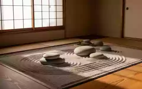 Ein minimalistischer Zen-Garten mit geharktem Sand und glatten Flusskieselsteinen in einer ruhigen, meditativen Umgebung. - Foto: über boerse-global.de