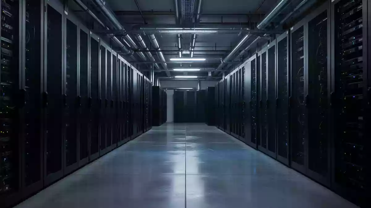Ein modern ausgestatteter, menschenleerer Serverraum in kühlem, blauem Licht mit Fokus auf die industrielle Architektur. Illustration mit AI erstellt.