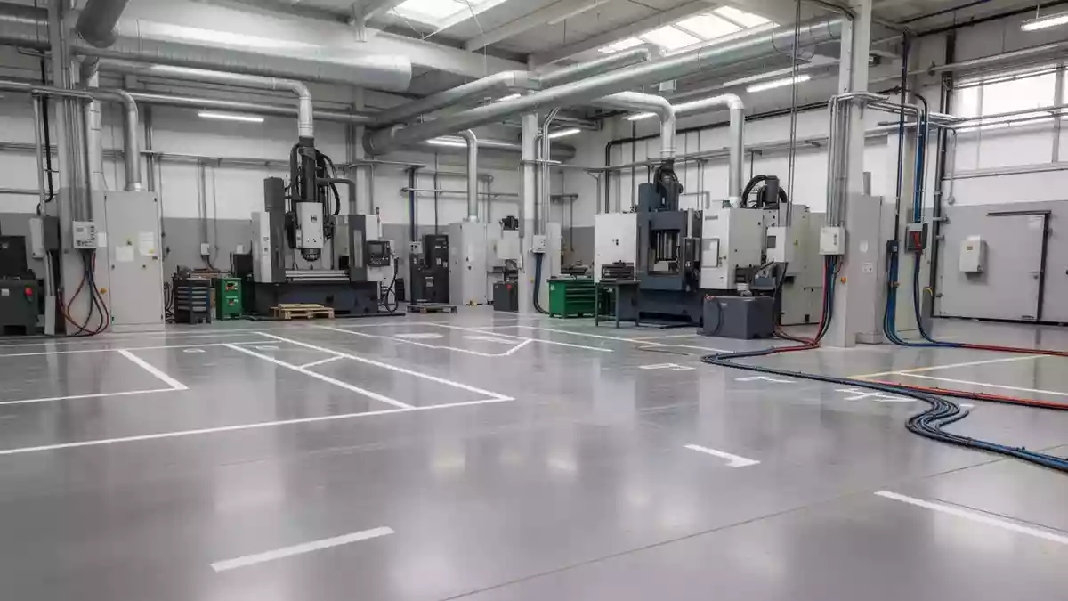 Ein aufgeräumter, industrieller Arbeitsbereich mit technischer Ausstattung und klaren Bodenmarkierungen für die Sicherheit. Illustration mit AI erstellt.