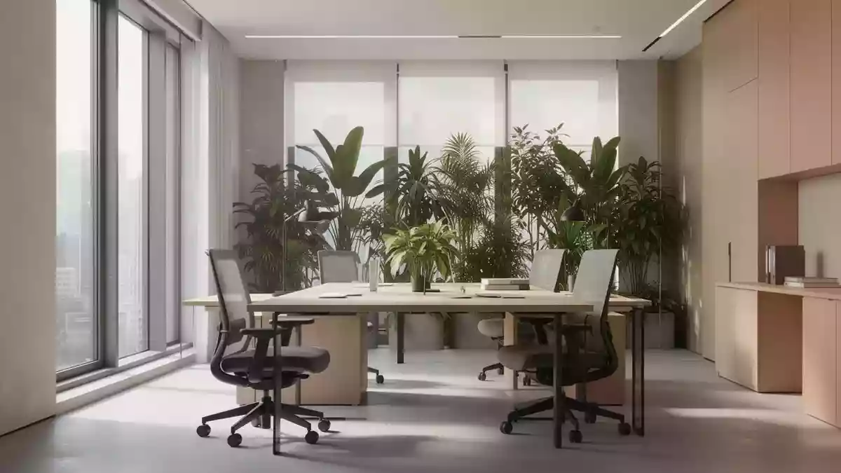 Ein heller, moderner Büroraum mit minimalistischem Design, natürlichem Tageslicht und Zimmerpflanzen. Illustration mit AI erstellt.