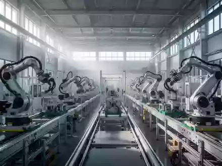 Eine moderne, weitläufige Industriehalle mit Fertigungsanlagen und Robotern in einer sachlichen, hellen Umgebung. - Foto: über boerse-global.de