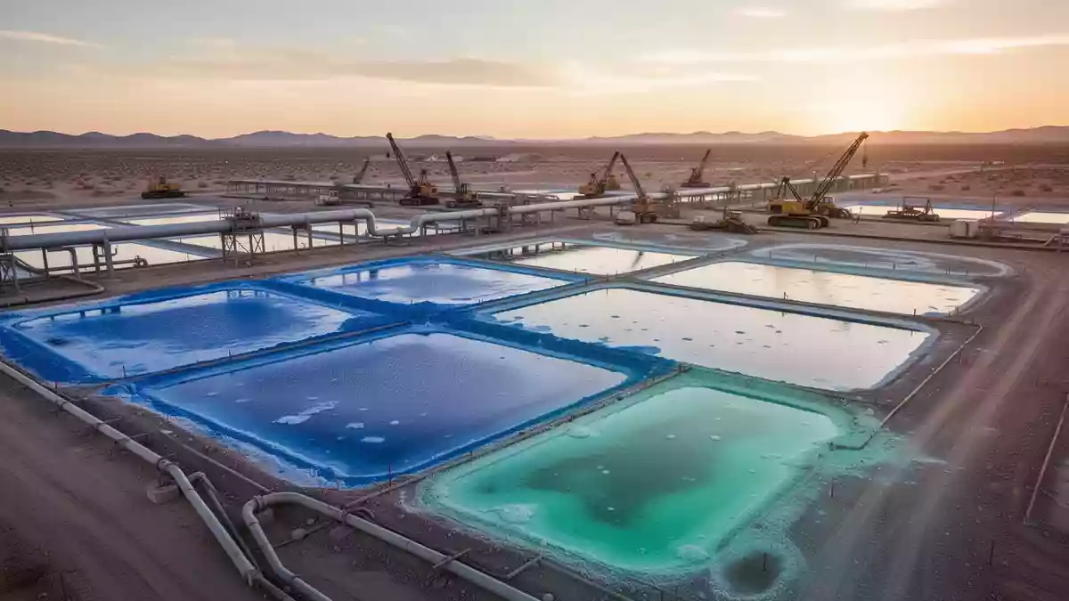 Industrielle Lithium-Extraktionsanlage mit Verdunstungsbecken in einer Wüstenlandschaft bei Sonnenuntergang. Illustration mit AI erstellt.