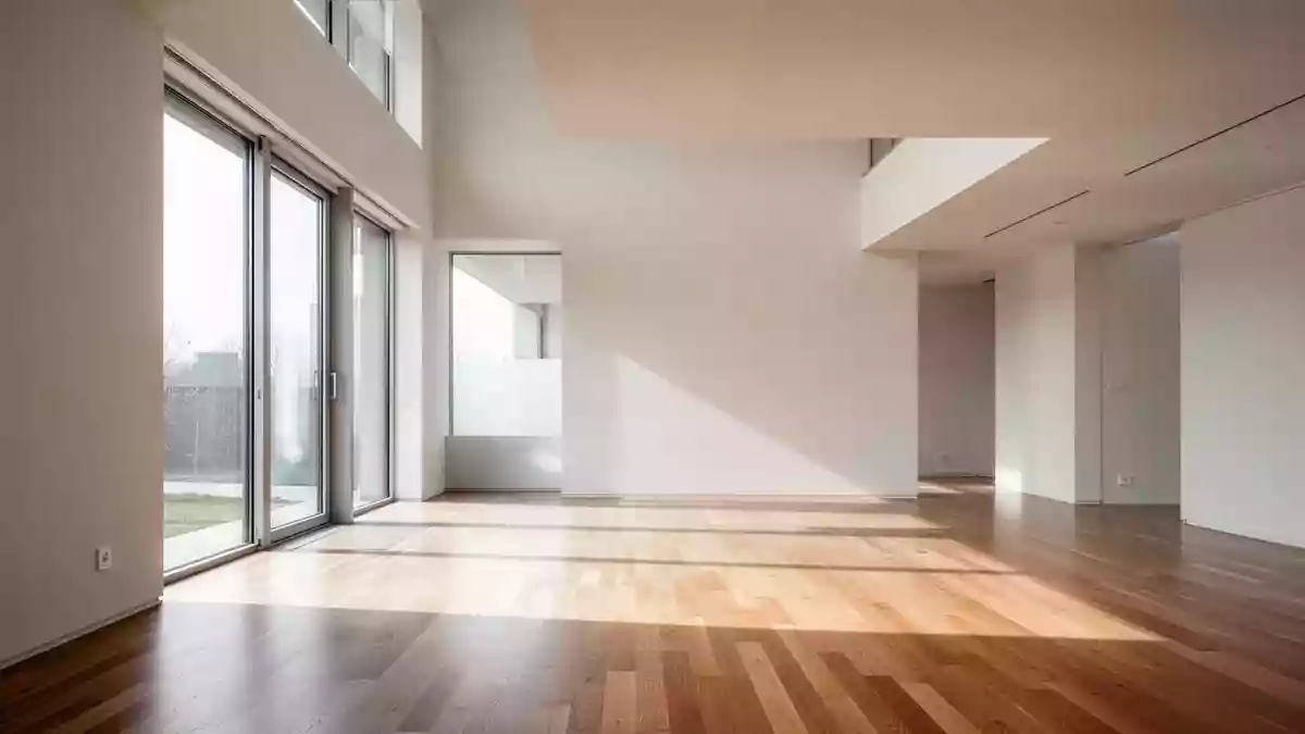 Ein heller, minimalistischer Innenraum mit natürlichem Lichteinfall und klaren architektonischen Linien ohne Möbel. Illustration mit AI erstellt.