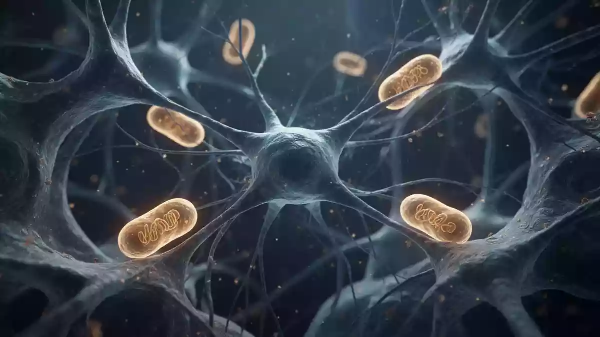 Mikroskopische Aufnahme komplexer neuronaler Zellstrukturen und Mitochondrien in einem biologischen Gewebe. Illustration mit AI erstellt.