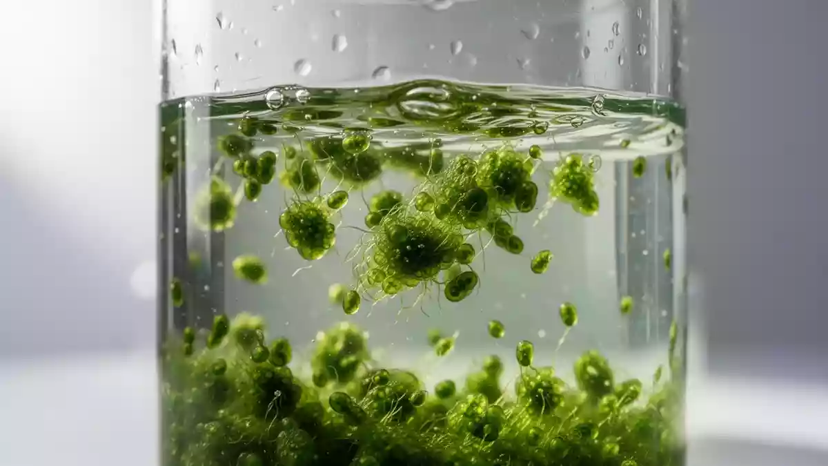 Nahaufnahme von Mikroalgen in einem mit Wasser gefüllten Glasgefäß vor einem neutralen Hintergrund. Illustration mit AI erstellt.