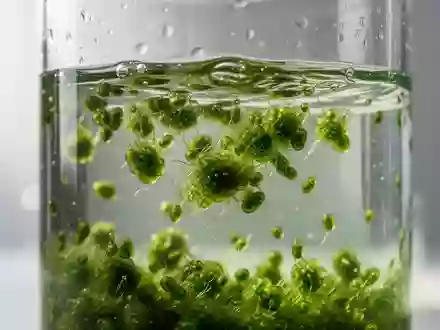 Nahaufnahme von Mikroalgen in einem mit Wasser gefüllten Glasgefäß vor einem neutralen Hintergrund. - Foto: über boerse-global.de
