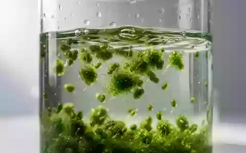 Nahaufnahme von Mikroalgen in einem mit Wasser gefüllten Glasgefäß vor einem neutralen Hintergrund. - Foto: über boerse-global.de