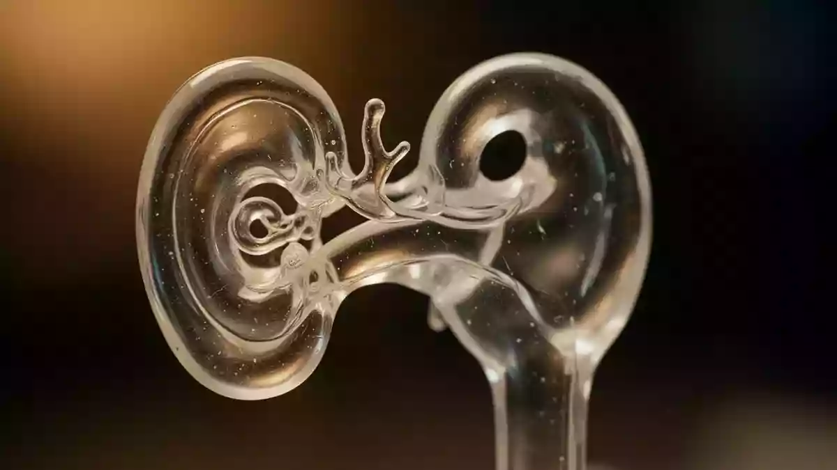 Eine Nahaufnahme eines gläsernen Modells der menschlichen Cochlea in einer klinischen Umgebung. Illustration mit AI erstellt.