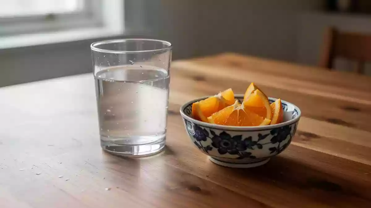 Ein Glas Wasser und eine Schale mit Zitrusfrüchten auf einem Holztisch bei natürlichem Tageslicht. Illustration mit AI erstellt.