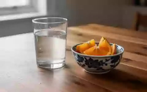 Ein Glas Wasser und eine Schale mit Zitrusfrüchten auf einem Holztisch bei natürlichem Tageslicht. - Foto: über boerse-global.de