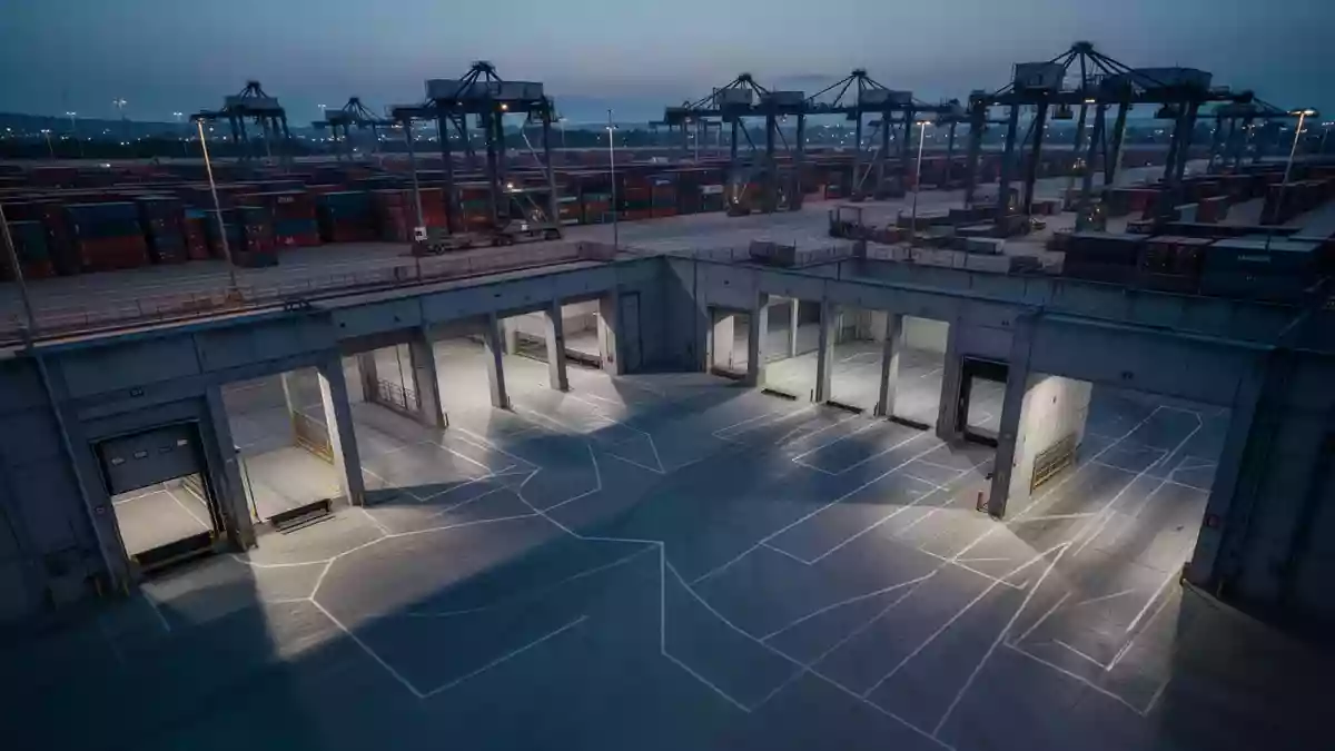 Ein leeres, industrielles Logistikzentrum mit verladenen Containern und geometrischen Schatten in der Abenddämmerung. Illustration mit AI erstellt.