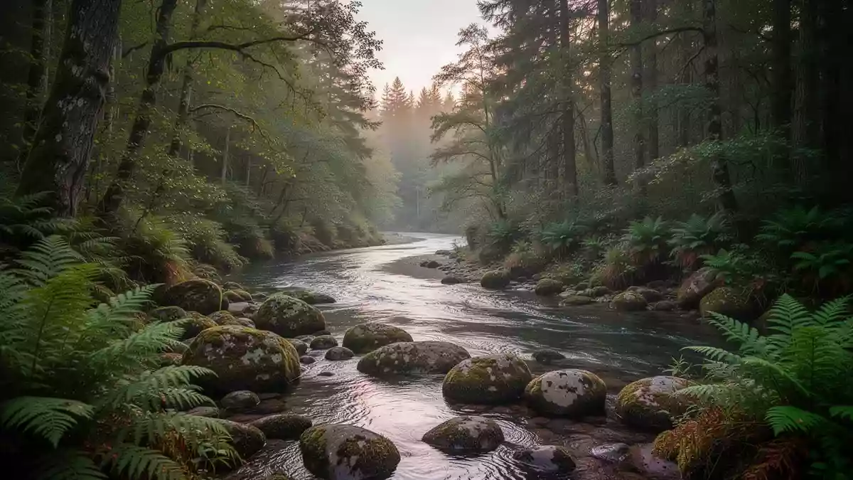 Ein üppiger, naturbelassener Wald mit einem fließenden Fluss im morgendlichen Licht als Symbol für Biodiversität. Illustration mit AI erstellt.