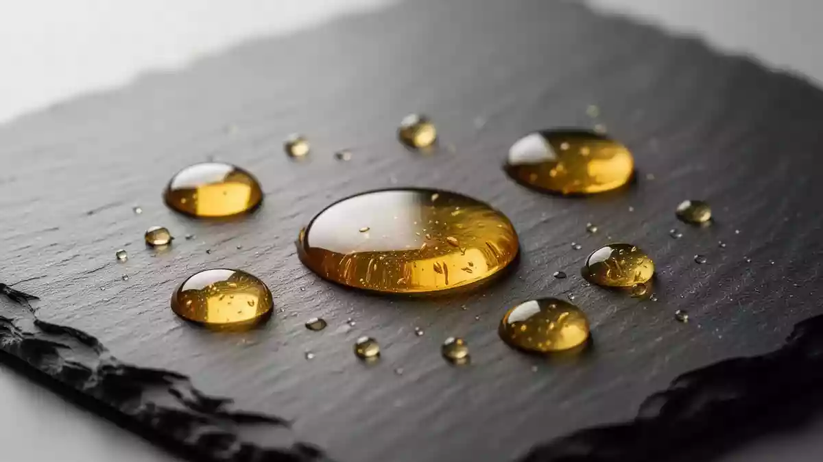 Goldene Öltröpfchen auf einer dunklen Schieferoberfläche, die an die Untersuchung von Nahrungsergänzungsmitteln erinnern. Illustration mit AI erstellt.