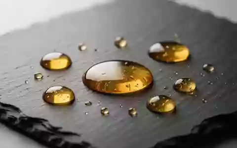 Goldene Öltröpfchen auf einer dunklen Schieferoberfläche, die an die Untersuchung von Nahrungsergänzungsmitteln erinnern. - Foto: über boerse-global.de