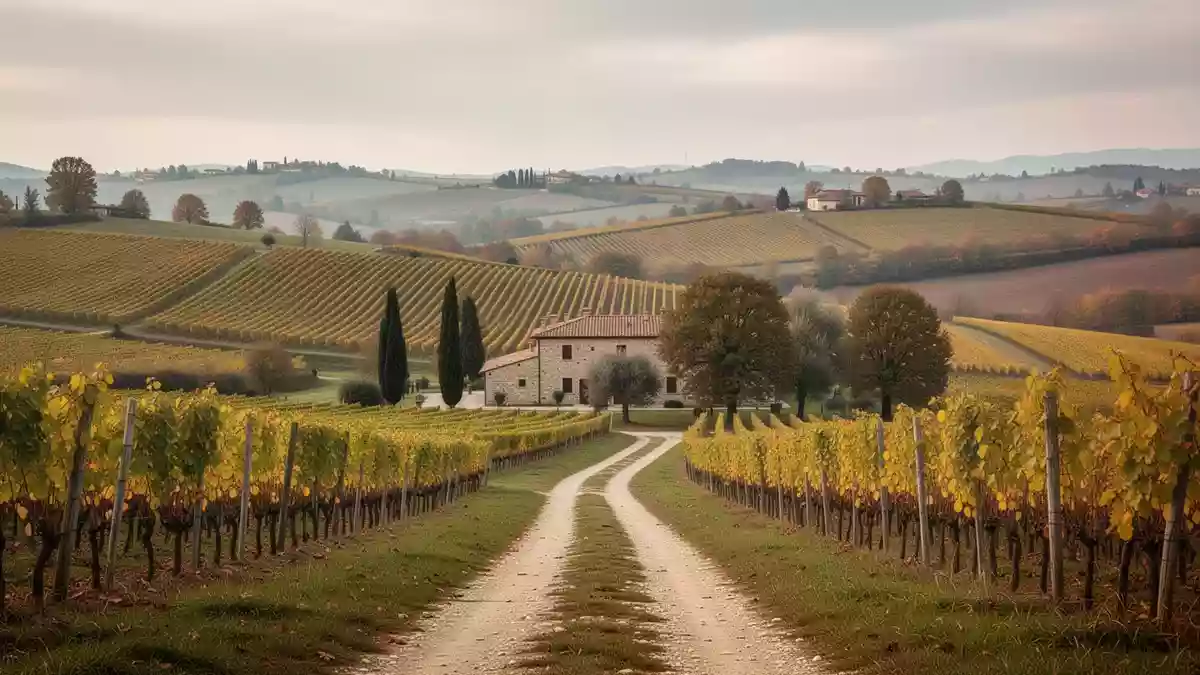 Weite Agrarlandschaft mit Feldern und Weinbergen in einer norditalienischen Region bei bewölktem Himmel. Illustration mit AI erstellt.
