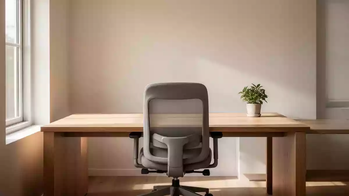 Ein minimalistischer, sonnendurchfluteter Arbeitsplatz mit einem aufgeräumten Schreibtisch und einer Pflanze. Illustration mit AI erstellt.