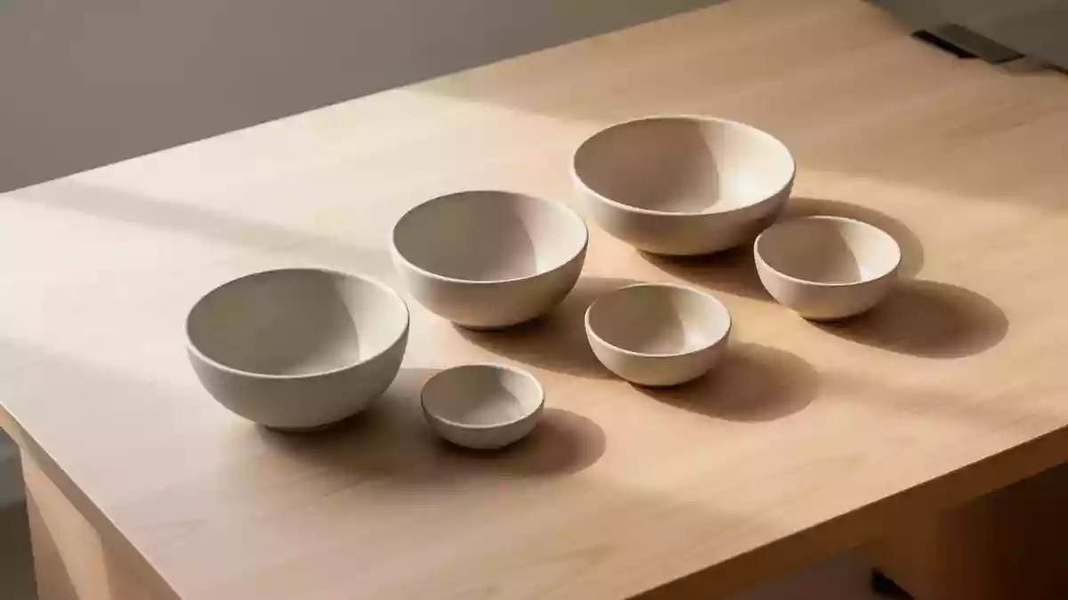 Minimalistische Anordnung von leeren Keramikschalen auf einer hellen Holzoberfläche als Symbol für strukturierte Budgetplanung. Illustration mit AI erstellt.