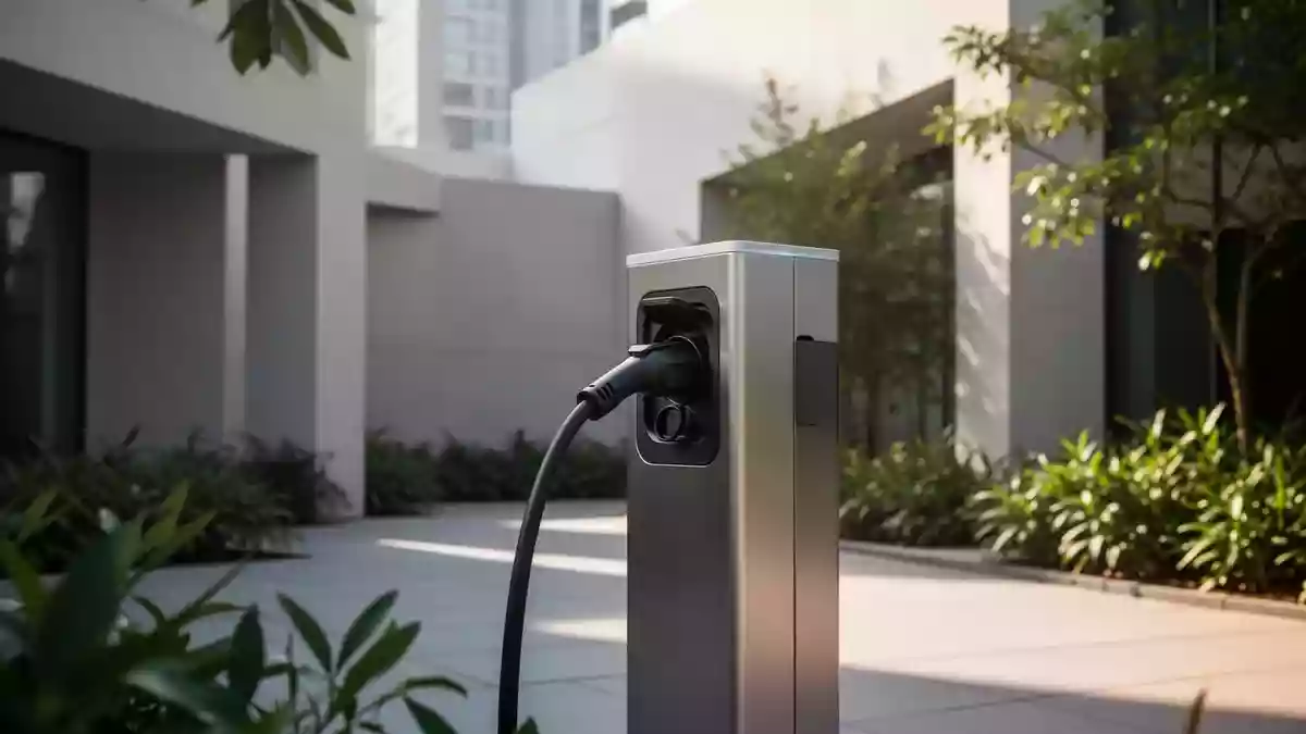 Eine moderne Ladestation für Elektrofahrzeuge in einer urbanen Umgebung bei Tageslicht. Illustration mit AI erstellt.