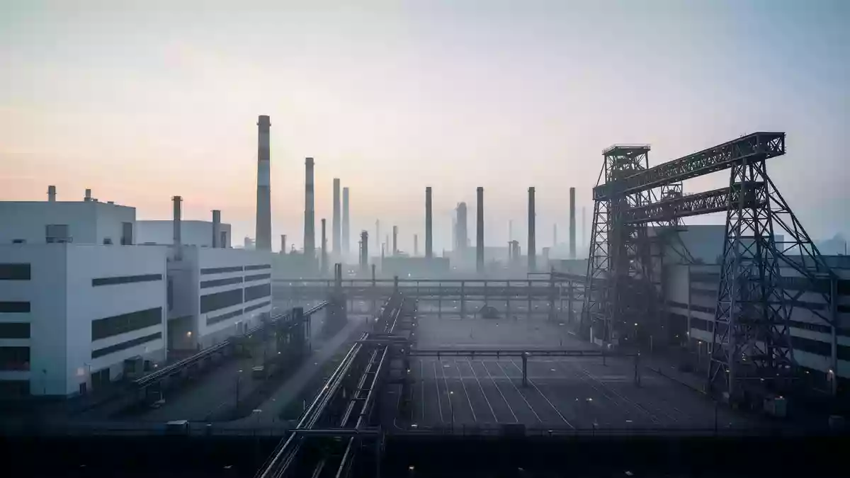 Weitläufige, moderne Industrieanlage in der Morgendämmerung mit großen Fabrikgebäuden und Stahlinfrastruktur. Illustration mit AI erstellt.