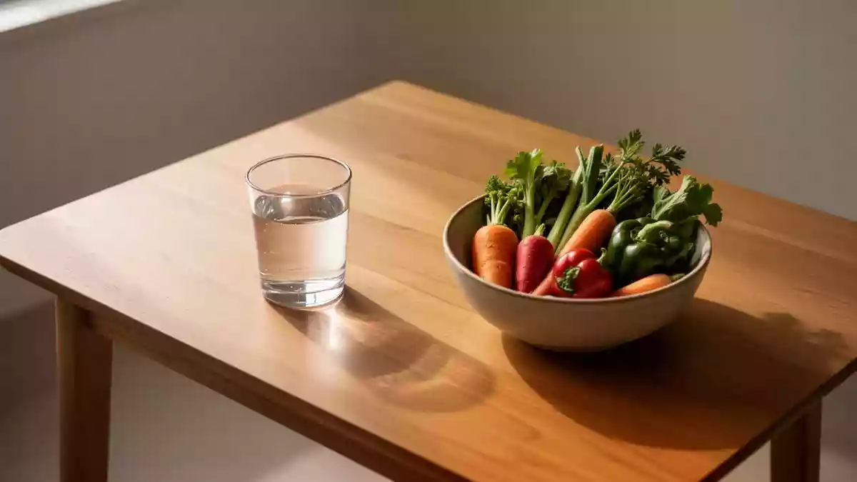 Ein Glas Wasser und eine Schale mit frischem Gemüse auf einem Holztisch bei natürlichem Licht. Illustration mit AI erstellt.
