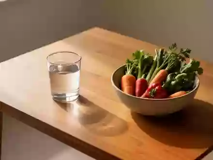 Ein Glas Wasser und eine Schale mit frischem Gemüse auf einem Holztisch bei natürlichem Licht. - Foto: über boerse-global.de
