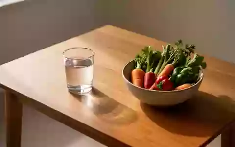 Ein Glas Wasser und eine Schale mit frischem Gemüse auf einem Holztisch bei natürlichem Licht. - Foto: über boerse-global.de
