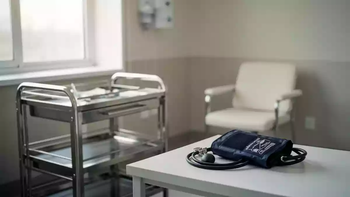 Ein klinischer Untersuchungsraum mit einem medizinischen Wagen und einem Blutdruckmessgerät in einer sterilen Umgebung. Illustration mit AI erstellt.