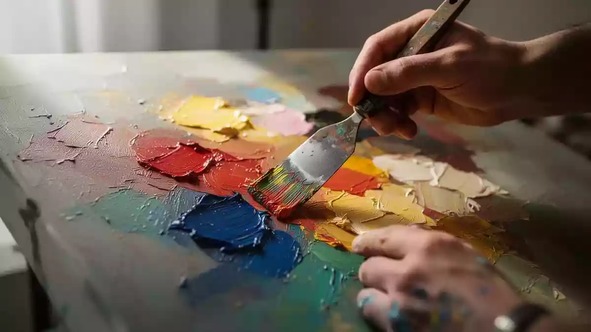 Nahaufnahme von Künstlerhänden, die mit einem Spachtel Ölfarbe auf eine Leinwand auftragen. Illustration mit AI erstellt.
