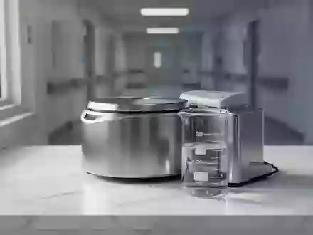 Ein steriler, moderner medizinischer Laborbereich mit einer Zentrifuge und einem Glasbecher in natürlichem Licht. - Foto: über boerse-global.de