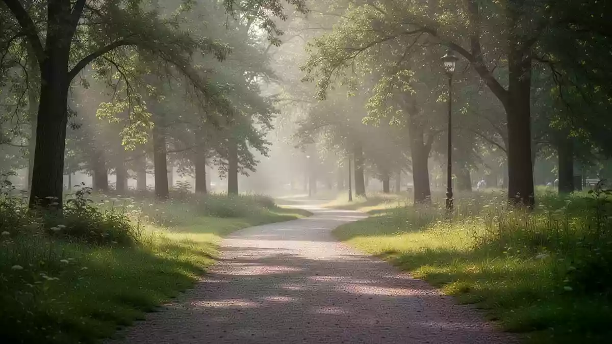Ein sonniger, ruhiger Weg in einem Park, der zu sanfter Bewegung und Spaziergängen einlädt. Illustration mit AI erstellt.