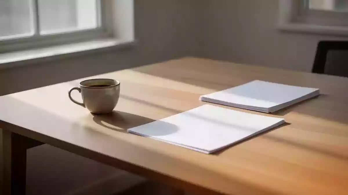 Ein aufgeräumter Schreibtisch bei natürlichem Morgenlicht mit einer Kaffeetasse und leeren Blättern, der Ordnung symbolisiert. Illustration mit AI erstellt.