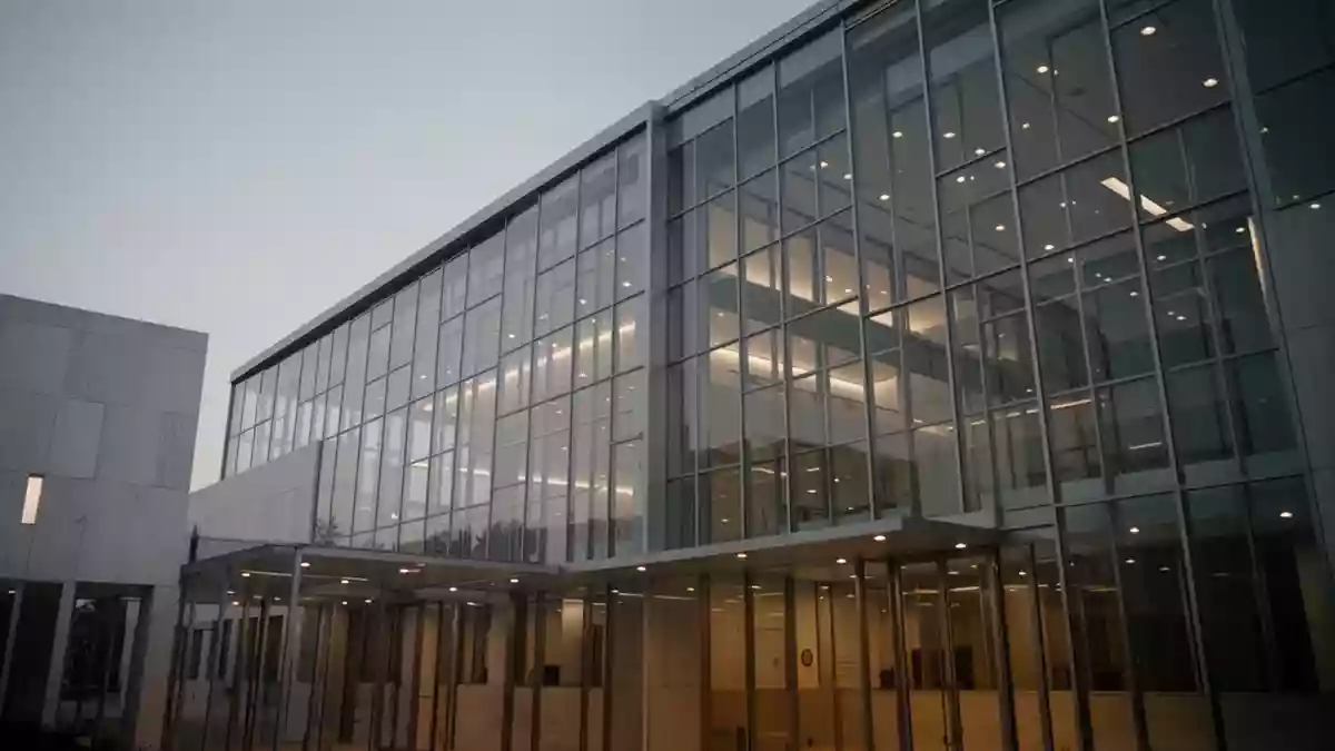 Moderne Glas- und Stahlfassade eines Regierungsgebäudes in der Abenddämmerung. Illustration mit AI erstellt.