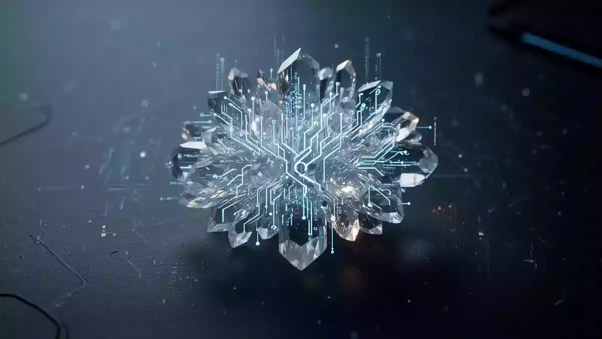 Abstrakte kristalline Strukturen symbolisieren digitale Sicherheit und Algorithmen auf einer dunklen Oberfläche. Illustration mit AI erstellt.