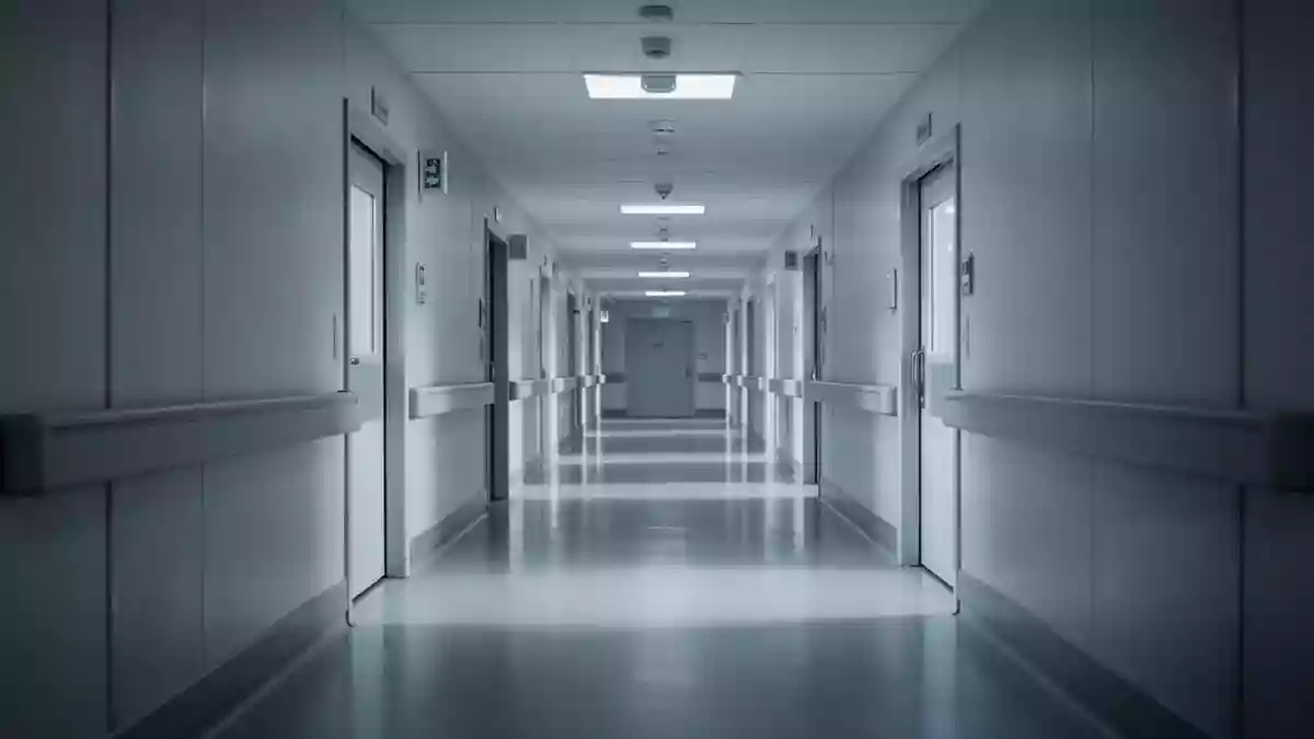 Ein minimalistischer, steriler Krankenhausflur mit geometrischen Linien und kühler Beleuchtung. Illustration mit AI erstellt.