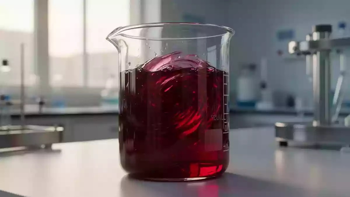 Ein mit einer tiefroten Flüssigkeit gefülltes Laborgefäß in einer sterilen, unscharfen Laborumgebung. Illustration mit AI erstellt.