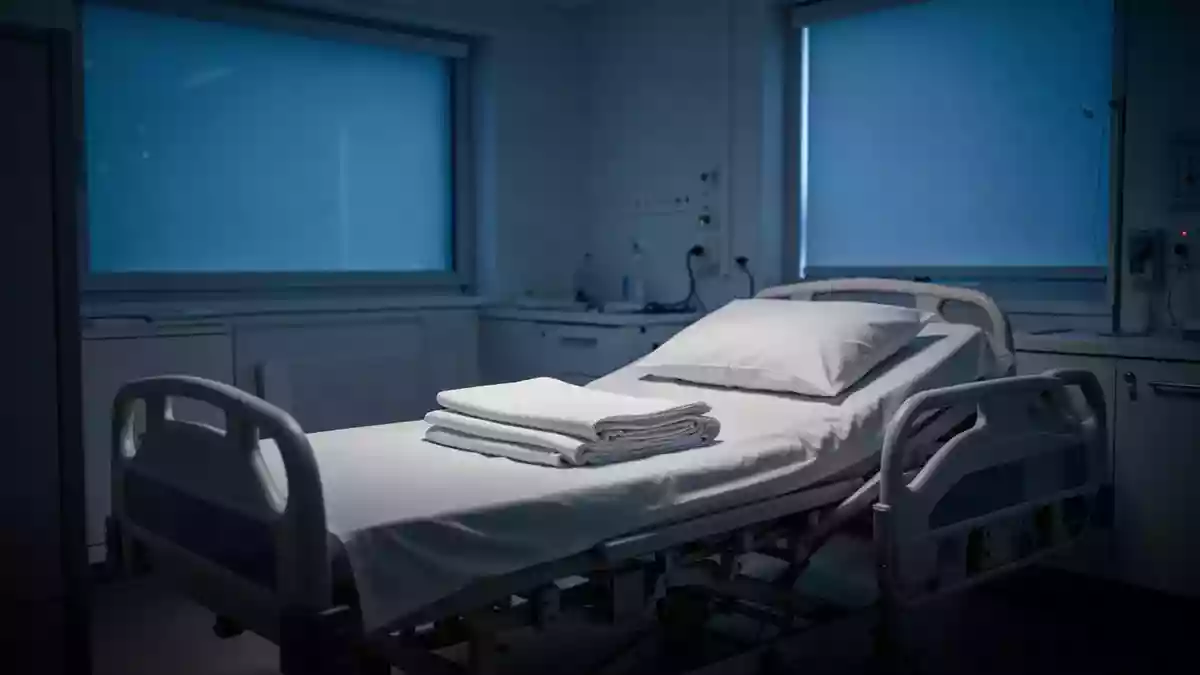 Ein leeres, ordentlich gemachtes Krankenhausbett in einem abgedunkelten Schlaflabor bei sanftem, blauem Licht. Illustration mit AI erstellt.
