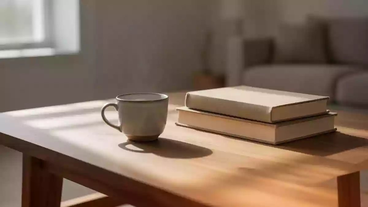Ein minimalistischer, sonnendurchfluteter Raum mit einer schlichten Holztischplatte, die eine ruhige und meditative Atmosphäre ausstrahlt. Illustration mit AI erstellt.