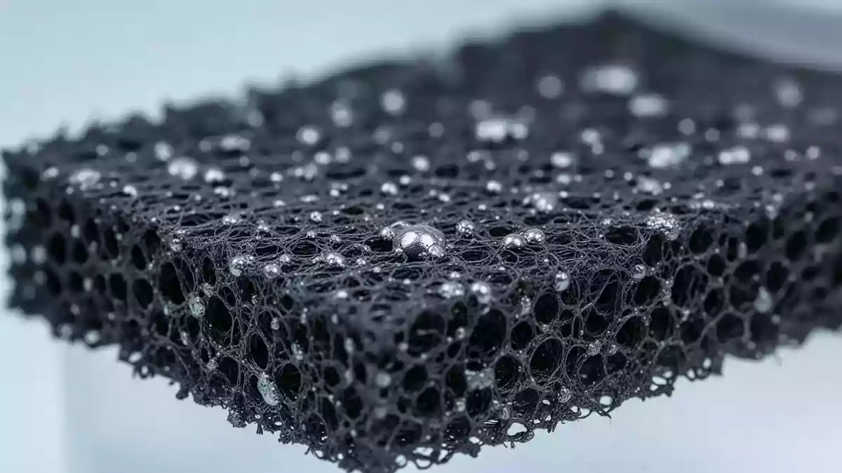 Nahaufnahme von Graphitfilz mit metallischen Nanostrukturen in einer Laborumgebung. Illustration mit AI erstellt.