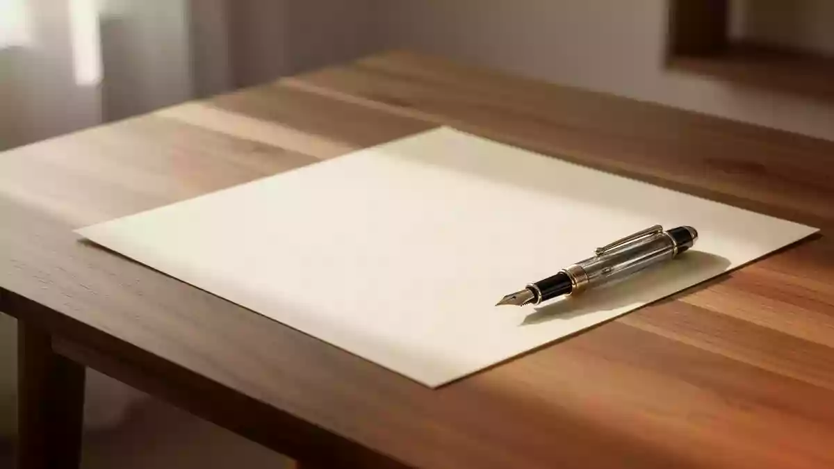 Ein leeres Blatt Papier und ein Füllfederhalter auf einem Holztisch in hellem, natürlichem Tageslicht. Illustration mit AI erstellt.