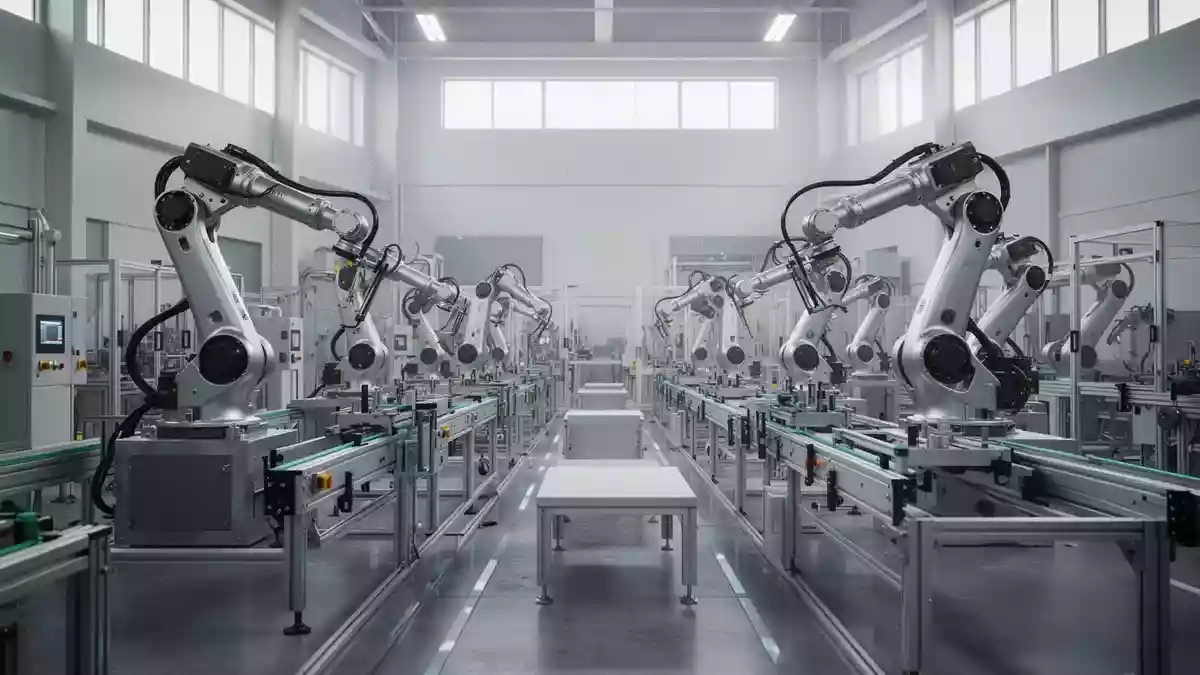 Eine moderne, automatisierte Fertigungshalle mit mechanischen Roboterarmen in einer industriellen Umgebung. Illustration mit AI erstellt.