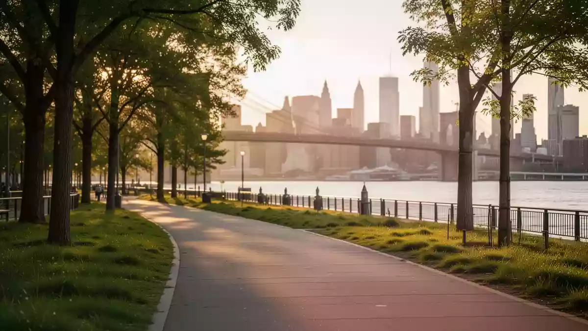 Der Brooklyn Bridge Park mit Blick auf die Skyline von Manhattan bei Sonnenuntergang. Illustration mit AI erstellt.